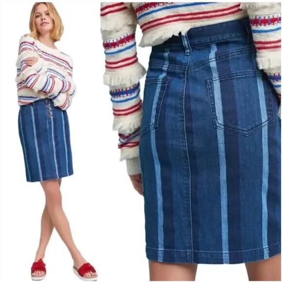 Anthropologie Maeve Denim Skirt Straight Jean Striped Button Fly Blue Size US 6 - Picture 1 of 10